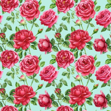 Kırmızı güller, tomurcuklar ve suluboya çiçeklerle kusursuz desenler. Çiçekli kumaş tasarımı çok güzel. Yüksek kaliteli illüstrasyon