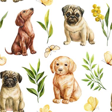 Şirin köpekli, yapraklı, kelebekli kusursuz bir desen. Tekstil, ambalaj, duvar kağıdı ve sanat için suluboya çizimi. Yüksek kaliteli illüstrasyon