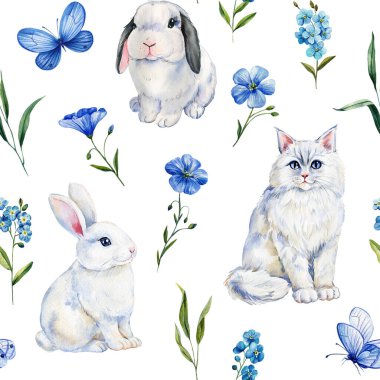 Hayvanla kusursuz bir düzen. Flora, Cats, Bunnies tekstil, ambalaj, duvar kağıdı için suluboya çizimleri. Yüksek kaliteli illüstrasyon