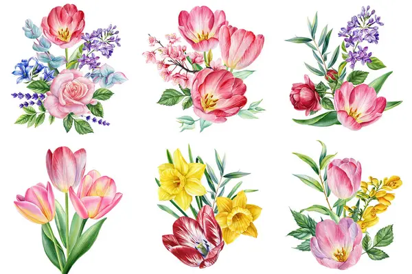 Bahar çiçeklerini, suluboya çiçekleri pembe lale, gül, lavanta ve leylak çiçeklerini beyaz arka plana koyun. Yüksek kaliteli illüstrasyon