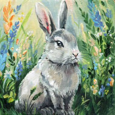 Bahar Çiçeği Çayırında Gri Tavşan, Akrilik Tablo Tablosu. Huzurlu Tavşan kır çiçekleri ve yeşil otların arasında oturuyor. Yüksek kaliteli illüstrasyon