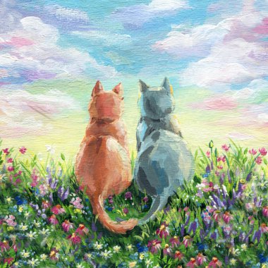 Çiçekli Çayır 'da Romantik Kediler Gün Batımını İzliyor, Kedi Dostluğu' nun Akrilik Boyaması ve Bahar Doğası Manzarası. Yüksek kaliteli illüstrasyon
