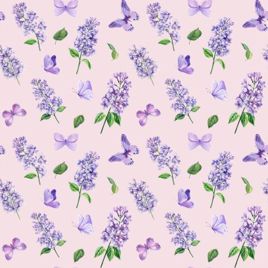 Pembe pastel arka planda, suluboya leylak çiçekleri ve kelebeklerle kusursuz desenli romantik mor botanik desen. Yüksek kaliteli illüstrasyon