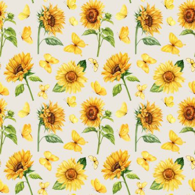 Ayçiçekleri ve sarı kelebekler pürüzsüz desenler, suluboya elle boyanmış yeşil yapraklı sarı flora. Yüksek kaliteli illüstrasyon
