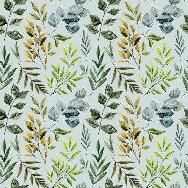 Tropikal ve orman yapraklarıyla yeşilliksiz desen çeşitli gölgelerde suluboya botanik yaprak çizimleri. Yüksek kaliteli illüstrasyon