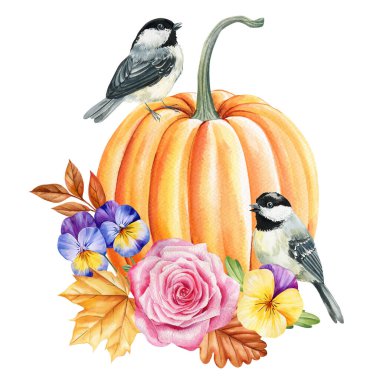 Kuşlar ve nonoşlarla suluboya balkabağı çiçek buketi güz kompozisyonu elle boyanmış şükran günü hasadı tasarım için. Yüksek kaliteli illüstrasyon