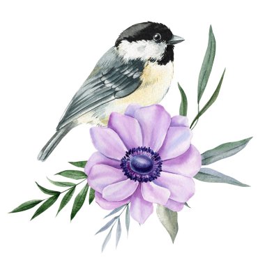 Mor şakayık çiçekli suluboya kuş ve yeşillik çiçekli güz eli mevsimsel doğa dekoru için çizilmiş. Yüksek kaliteli illüstrasyon