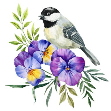 Mavi menekşe menekşeli suluboya kuş ve yeşil yapraklı mevsimsel tasarım ve baskı için izole edilmiş çiçek güz kompozisyonu. Yüksek kaliteli illüstrasyon