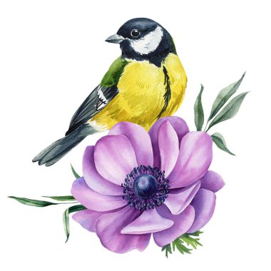 Mor anemon çiçeği ve yeşil yapraklı suluboya sarı kuş mevsimlik çiçek dekoru için izole edilmiş sonbahar çizimi. Yüksek kaliteli illüstrasyon