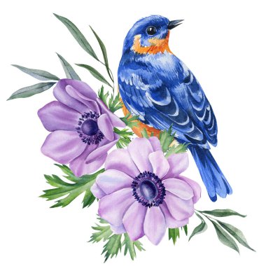 Mor şakayık çiçekleri ve yeşil yapraklı suluboya mavi kuş botanik tasarımı ve tebrik kartı baskısı için çiçek çizimi. Yüksek kaliteli illüstrasyon