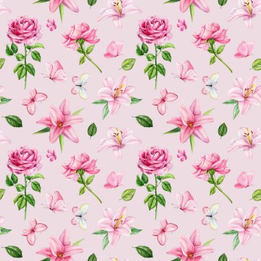 Pembe gül zambakları ve kelebeklerle kusursuz çiçek desenleri, arka planda çiçek açan suluboya eller. Yüksek kaliteli illüstrasyon
