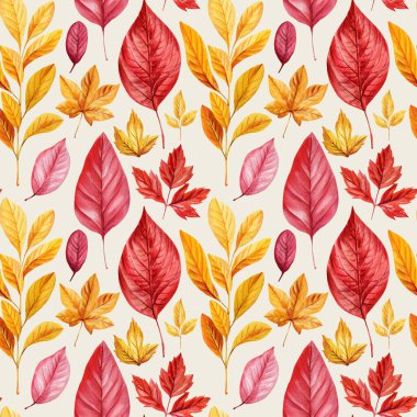 Kırmızı ve sarı sonbahar yapraklı suluboya desenler, beyaz arka planda sonbahar yeşillikleri var. Yüksek kaliteli illüstrasyon