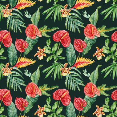 Kırmızı anthurium çiçekleri ve orman ile tropikal ve dikişsiz desen yaz baskısı için suluboya çiçek tasarımı bırakır. Yüksek kaliteli illüstrasyon