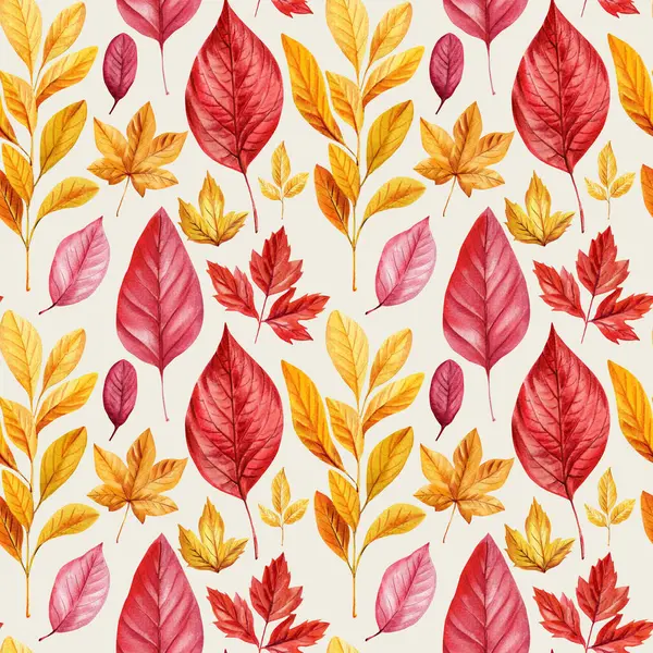 Kırmızı ve sarı sonbahar yapraklı suluboya desenler, beyaz arka planda sonbahar yeşillikleri var. Yüksek kaliteli illüstrasyon