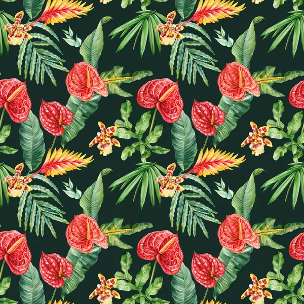 Kırmızı anthurium çiçekleri ve orman ile tropikal ve dikişsiz desen yaz baskısı için suluboya çiçek tasarımı bırakır. Yüksek kaliteli illüstrasyon