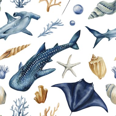 Çekiç başlı köpekbalığı köpekbalığı köpekbalığı manta vatozu ve okyanus mercan deniz altı illüstrasyonuyla sulu boya deseni. Yüksek kaliteli illüstrasyon