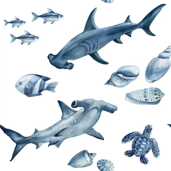 Suluboya kusursuz desen. Çekiç başlı köpekbalıkları, tropikal deniz yaşamı için mavi okyanus temalı balık kabukları ve kaplumbağalar. Yüksek kaliteli illüstrasyon