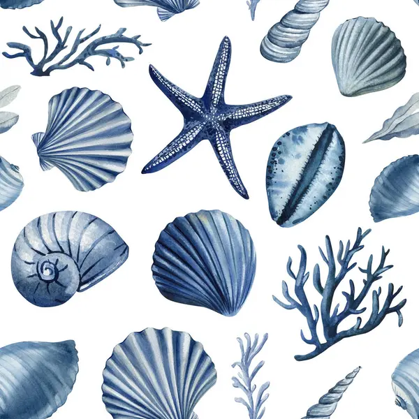 Deniz yıldızı mercan kabuklu mavi suluboya desenli deniz altı deniz feneri yaz tasarımı için. Yüksek kaliteli illüstrasyon