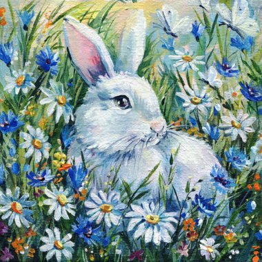 Çayırda papatyaları ve kır çiçekleriyle sevimli beyaz bir tavşan, bahar akrilik tablosu, çiçek tarlasında bir hayvan resmi. Yüksek kaliteli illüstrasyon