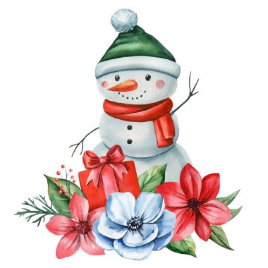 Kırmızı ve mavi çiçekli tatlı suluboya adam, hediye kutusu ve Noel süsü, kart, poster için şenlikli yeşillik. Yüksek kaliteli illüstrasyon