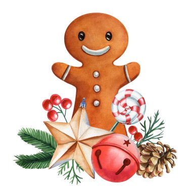 Kırmızı zilli zencefilli adam, şeker, yıldız, kozalak ve Noel suluboya Noel süslemesi. Yüksek kaliteli illüstrasyon