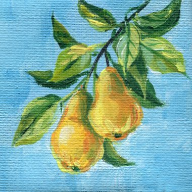 Acrylic boyalı armutlar mavi arka planda sarı armutlar, yeşil yapraklar, elle boyanmış meyveler hala hayat sanatı. Yüksek kaliteli illüstrasyon