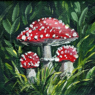 Ormandaki çim akrilik resimlerde kırmızı sineksi mantarlar, yeşil yapraklı orman resimlerinde küçük tuvaller. Yüksek kaliteli illüstrasyon