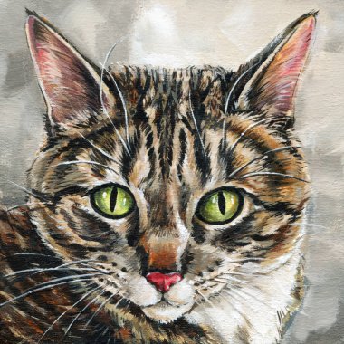 Yeşil gözlü tekir kedi portresi bej arka planda akrilik resim gerçekçi kedi hayvan sanat eserleri ev hayvanı duvar sanatı. Yüksek kaliteli illüstrasyon