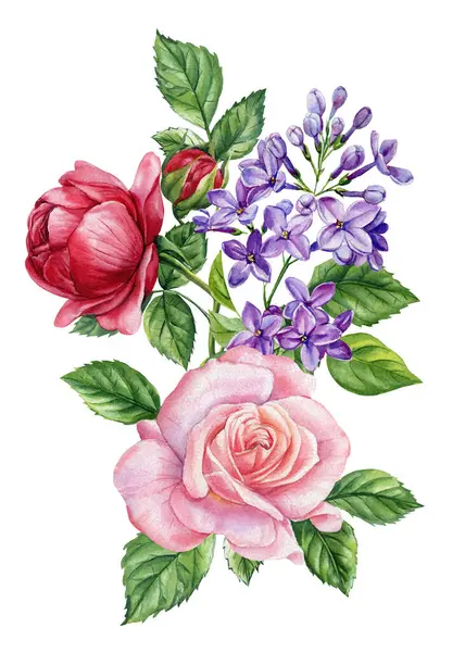 Pembe gül, kırmızı şakayık ve mor leylak çiçekli güzel suluboya buketler. Beyaza botanik çiçeği kompozisyonu. Yüksek kaliteli illüstrasyon