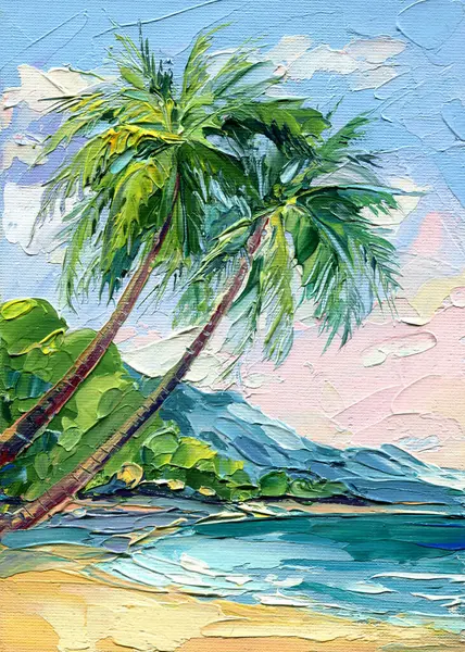Palmiye plajı tropikal deniz manzarası yaz cenneti okyanus kıyısı sanat doğası egzotik günbatımı impasto resmi. Yüksek kaliteli illüstrasyon