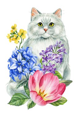 Pembe Lale, Leylak, Bluebell, Sarı Yaban Çiçekleri, Çiçek Botanik Tırmanışı, Hayvan Sanatı Yazısı ile suluboya kedi. Yüksek kaliteli illüstrasyon