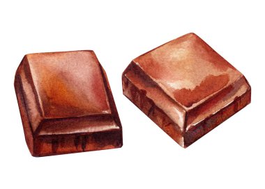 Suluboya çikolata parçaları, elle boyanmış tatlı kakao kareleri, beyaz arka planda izole edilmiş gerçekçi kahverengi tatlı zirvesi. Yüksek kaliteli illüstrasyon