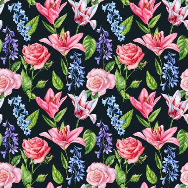 Pembe Zambakların kusursuz suluboya deseni ve Laleli Güller ve Beyaz Arkaplanda Mavi Yunuslar. Yüksek kaliteli illüstrasyon