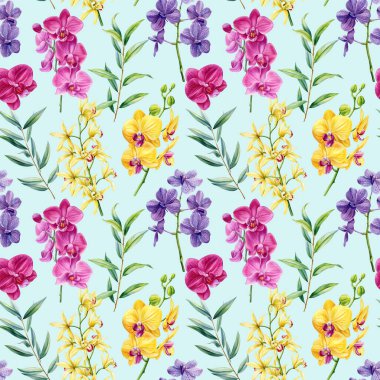 Pembe sarı ve mor falaenopsis çiçekleri ve yeşil yapraklı yaz pantolonları olan suluboya orkide desenli. Yüksek kaliteli illüstrasyon