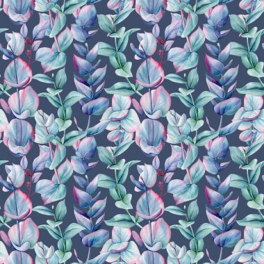 Okaliptüs rengi, mavi yeşil ve mor dalları ve beyaz arka planda yaprakları olan dikişsiz bir okaliptüs deseni. Yüksek kaliteli illüstrasyon