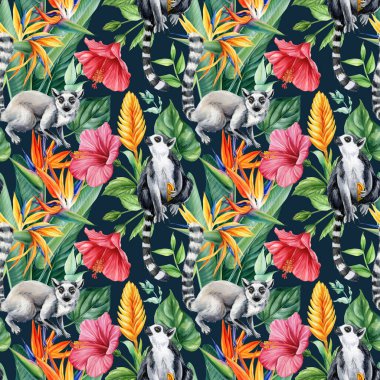 Yüzük kuyruklu lemurlar, amber çiçekleri ve orman yeşili yapraklarla suluboya ve dikişsiz desen. Yüksek kaliteli illüstrasyon