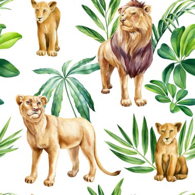 Suluboya aslanlar, dişi aslanlar, egzotik yeşil orman yaprakları ve bitkileriyle tropik, pürüzsüz bir desen. Dekor için vahşi hayvanlar. Yüksek kaliteli illüstrasyon