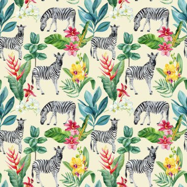 Vahşi Hayvanlar, suluboya tropikal desenli zebralar egzotik orkideler muz yaprakları ve beyaz arka planda orman bitkileri. Yüksek kaliteli illüstrasyon