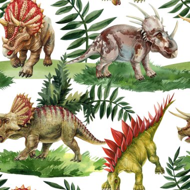 Beyaz arka planda Triceratops Stegosaurs ve tarih öncesi orman yapraklarıyla suluboya kusursuz dinozor deseni. Yüksek kaliteli illüstrasyon