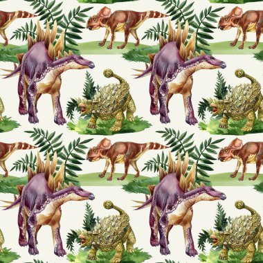 Orman yeşilliklerinde boynuzlu dinozorlar, ankylosaurlar ve stegosaurlar olan kusursuz desenler. Yüksek kaliteli illüstrasyon