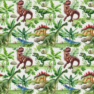 Tyrannosaurus stegosaurs palmiye yaprakları ve tarih öncesi bitkilerin klasik tekstil izleriyle tropik, dikişsiz dinozor deseni. Yüksek kaliteli illüstrasyon