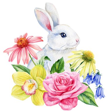 Beyaz suluboya tavşancık pembe sarı kır çiçekleri ve yeşil yapraklı orman tavşanı çizimi çocuk odası duvarı sanatı için. Yüksek kaliteli illüstrasyon