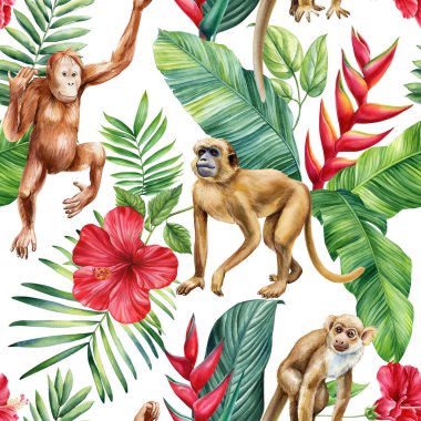Maymunlarla suluboya, dikişsiz orman deseni çiçek helkoni ve tasarlamak için tropikal yeşil yapraklar. Sevimli hayvanlar. Yüksek kaliteli illüstrasyon