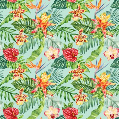 Suluboya orkideleri, anthuriumlar cennet kuşu ve orman yaprakları duvar kâğıdı, web sayfası arka planı, yüzey dokuları olan tropik dikişsiz desenler. Yüksek kaliteli illüstrasyon