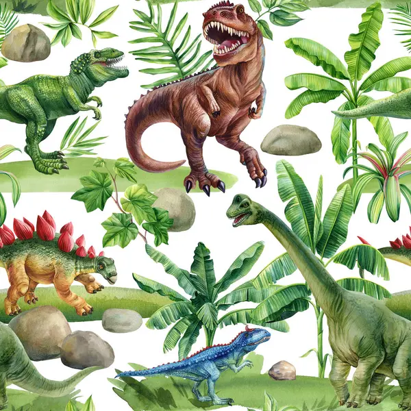 Tyrannosaurus stegosaurs palmiye yaprakları ve tarih öncesi bitkilerin klasik tekstil izleriyle tropik, dikişsiz dinozor deseni. Yüksek kaliteli illüstrasyon