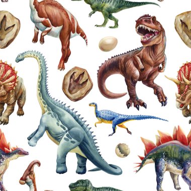 Tyrannosaurus brachiosaurus Stegosaurs ve fosil baskılı dikişsiz dinozor desenli Vintage arka plan. Yüksek kaliteli illüstrasyon