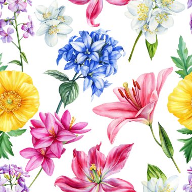 Zambak zambakları, gelincikler ve BlueBell ile suluboya yaban çiçekleri kusursuz desen. Tasarım için güzel çiçek arkaplanı. Yüksek kaliteli illüstrasyon