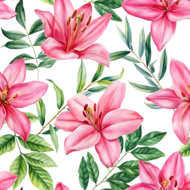 Pembe zambakların kusursuz suluboya deseni ve beyaz arka planda gür yeşil botanik yaprağı. Yüksek kaliteli illüstrasyon