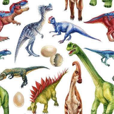 Renkli Dino. Yavru dinozorların suluboya desenli yumurtaları tarih öncesi mahlukatların klasik arka planı. Moda tekstil baskısı. Yüksek kaliteli illüstrasyon