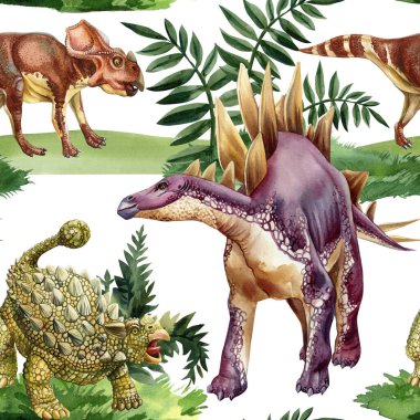 Orman yeşilliklerinde boynuzlu dinozorlar, ankylosaurlar ve stegosaurlar olan kusursuz desenler. Yüksek kaliteli illüstrasyon